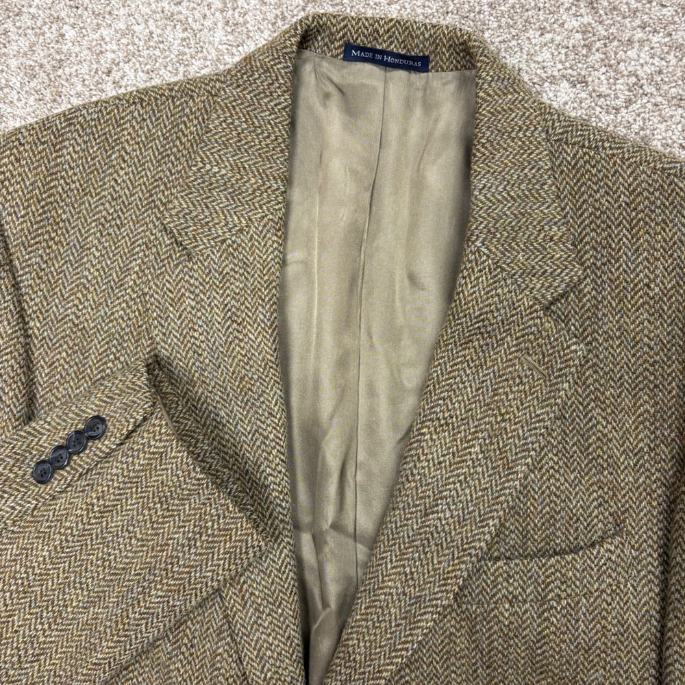 Harris Tweed Lands End Blazer Mens 44L Pure Wool Herringbone Brown Hand Woven